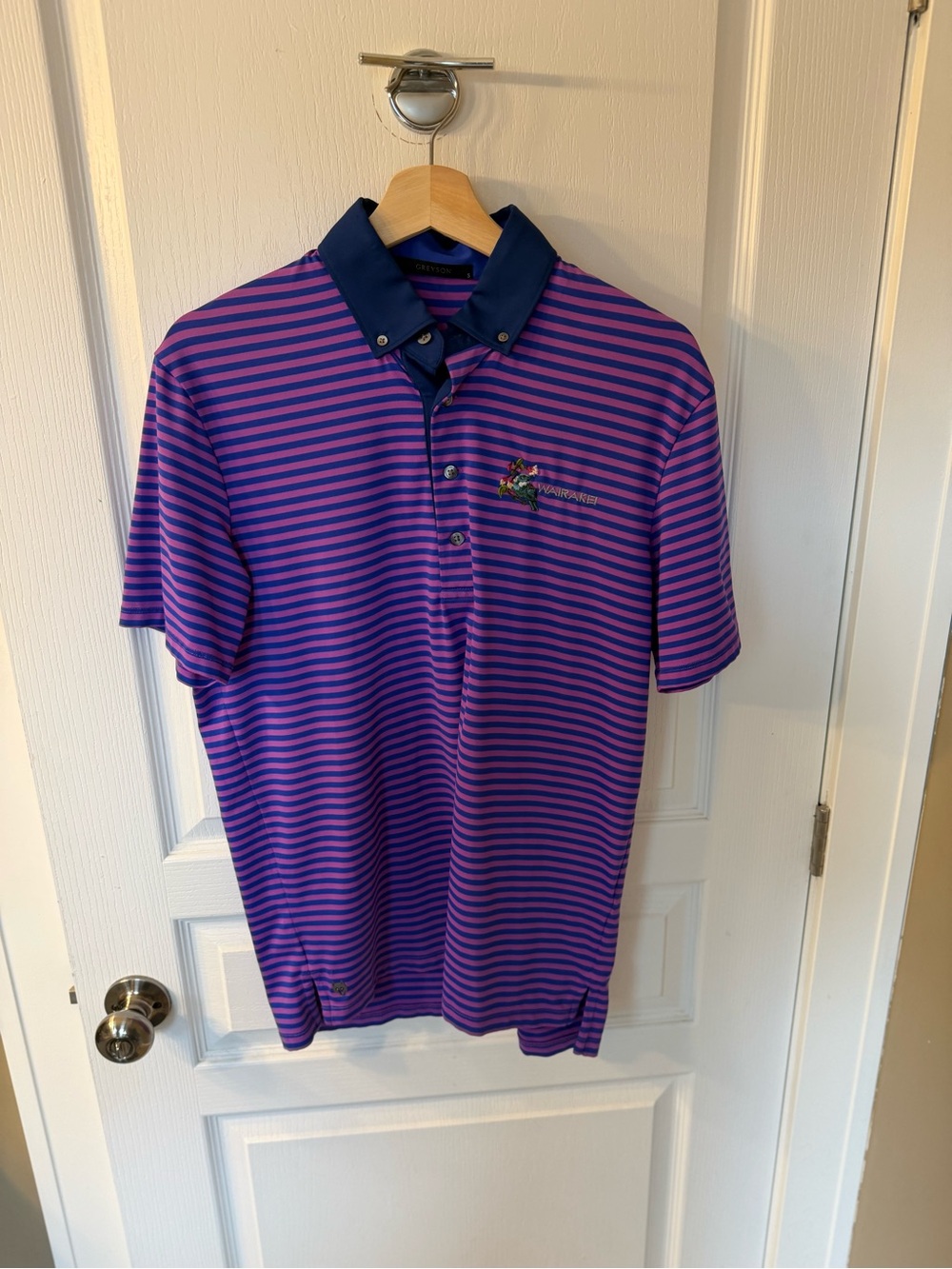 Greyson Purple and Pink Striped Polo with Navy Contrast Collar